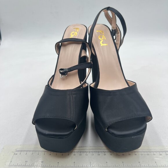 FSJ Black Platform Ankle Strap Sandals Peep Open Toe Chunky High Heels Shoes - Picture 3 of 8